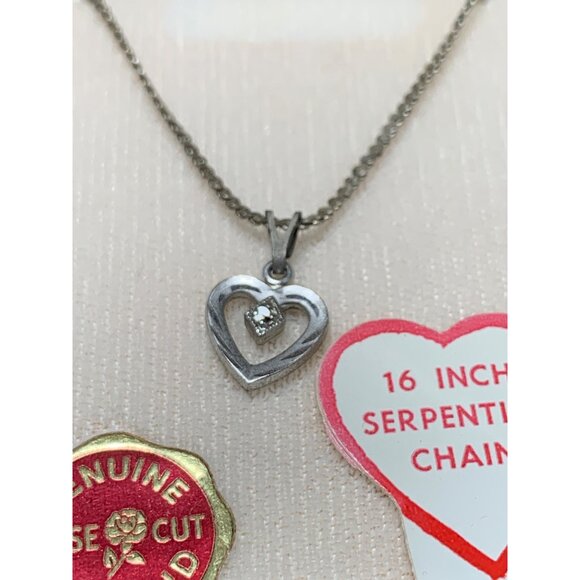 Marvella Sterling Silver Heart Necklace 16" Serpentine Chain Genuine Rose Cut Di - Picture 2 of 6